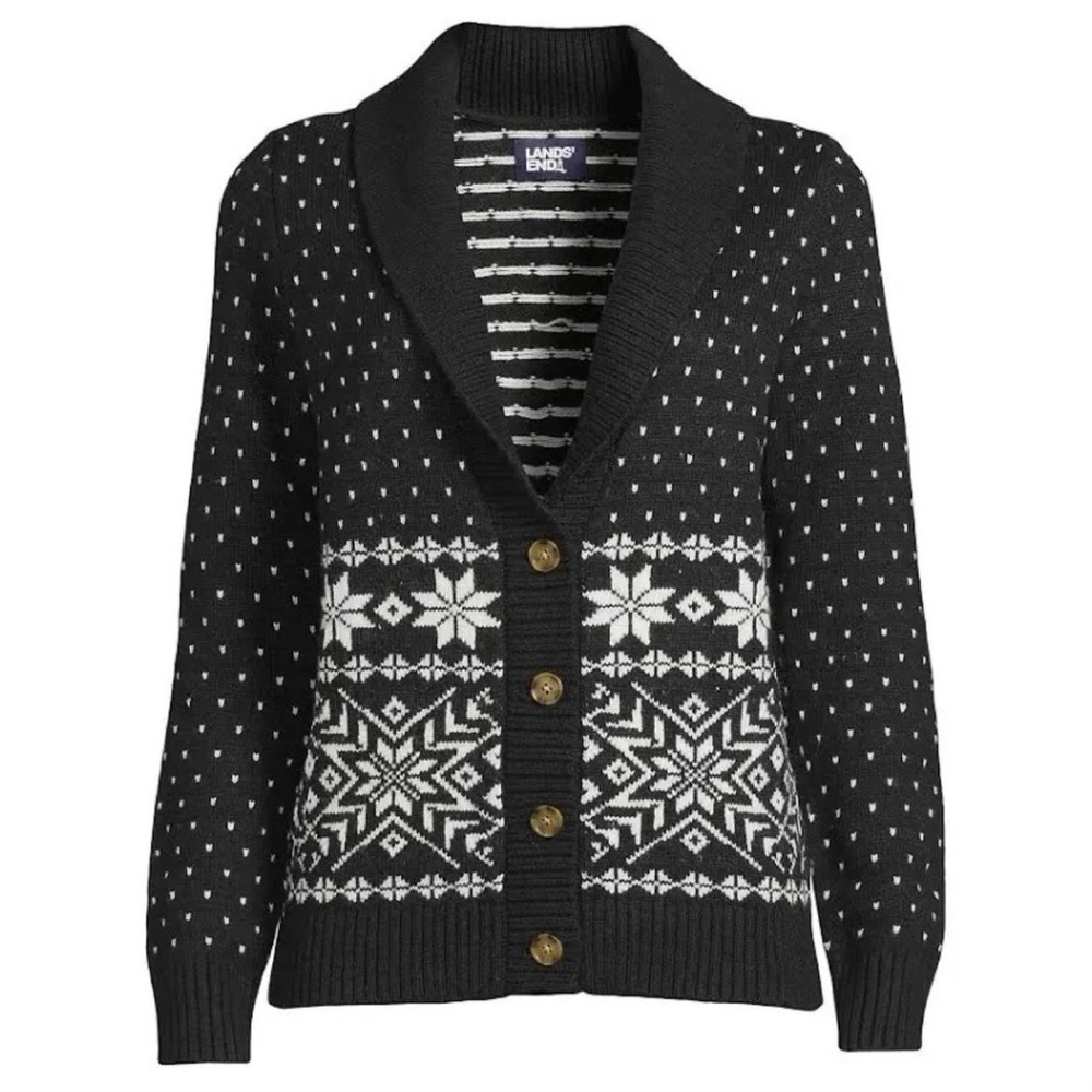 Lands End Womens Fair Isle Shawl Collar Cardigan Black White Size S Holiday Knit